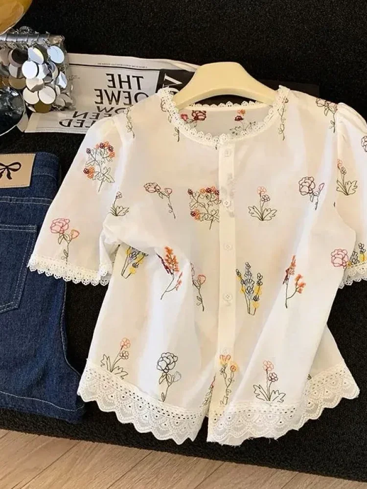 CHICMORE Kemeja wanita lengan pendek gaya korea, kerah bulat, dengan motif cetak yang indah