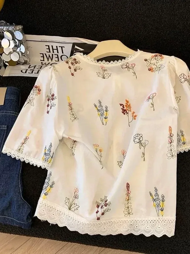 CHICMORE Kemeja wanita lengan pendek gaya korea, kerah bulat, dengan motif cetak yang indah