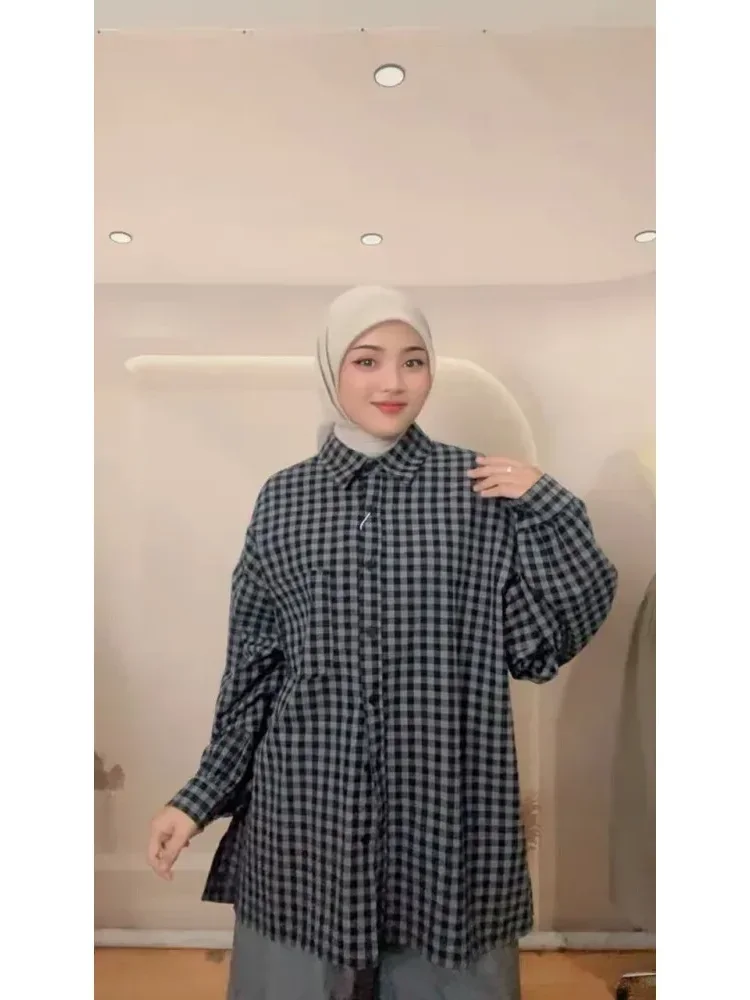 [NEW]CHICMORE Atasan gaya manis kekinian lengan panjang longgar motif kotak-kotak untuk wanita