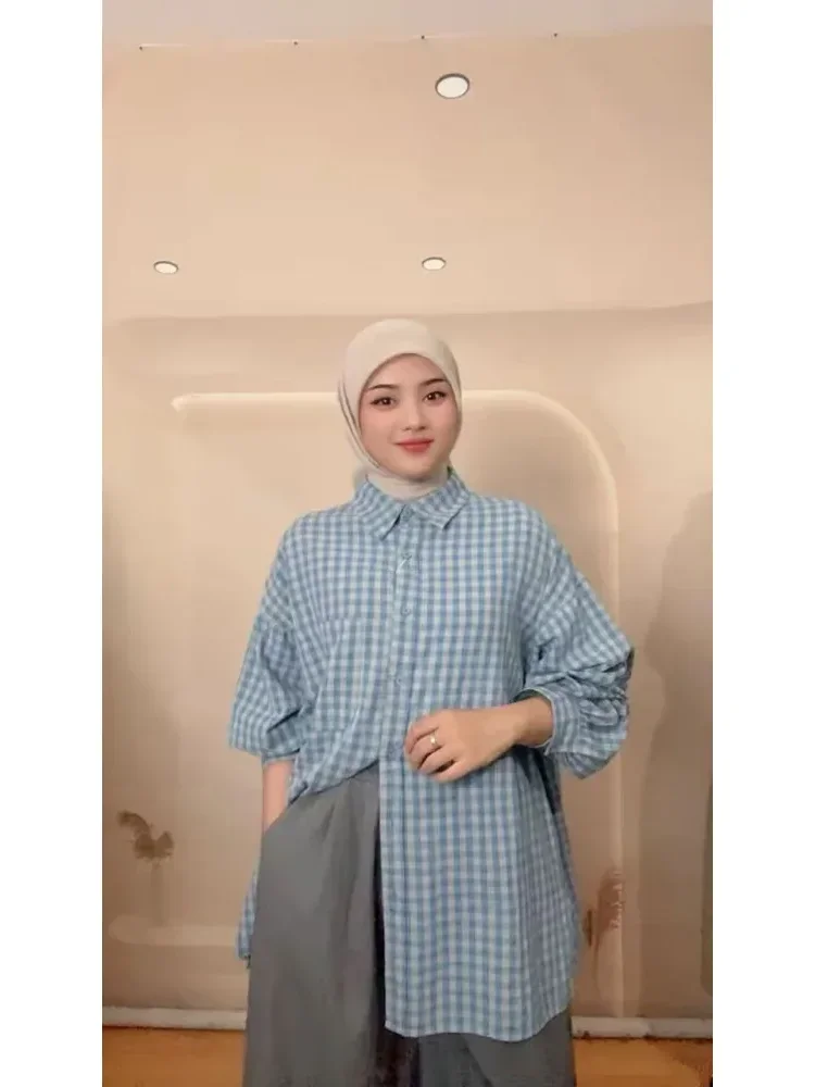 [NEW]CHICMORE Atasan gaya manis kekinian lengan panjang longgar motif kotak-kotak untuk wanita