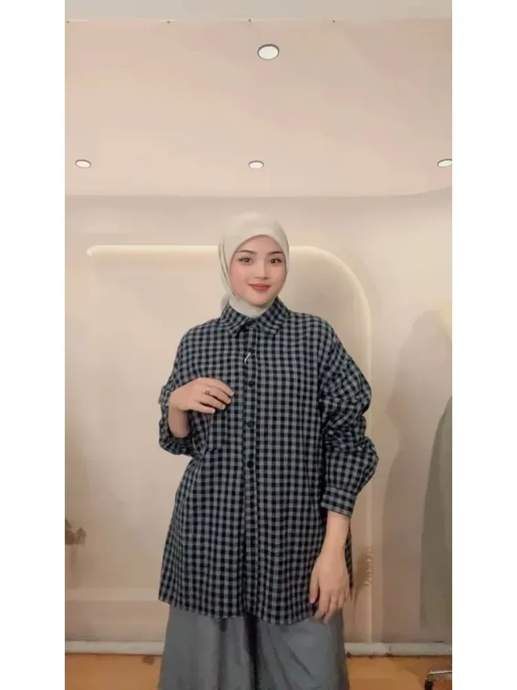 [NEW]CHICMORE Atasan gaya manis kekinian lengan panjang longgar motif kotak-kotak untuk wanita