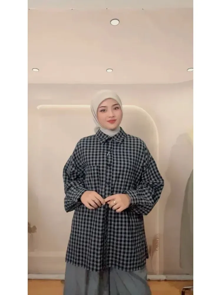 [NEW]CHICMORE Atasan gaya manis kekinian lengan panjang longgar motif kotak-kotak untuk wanita