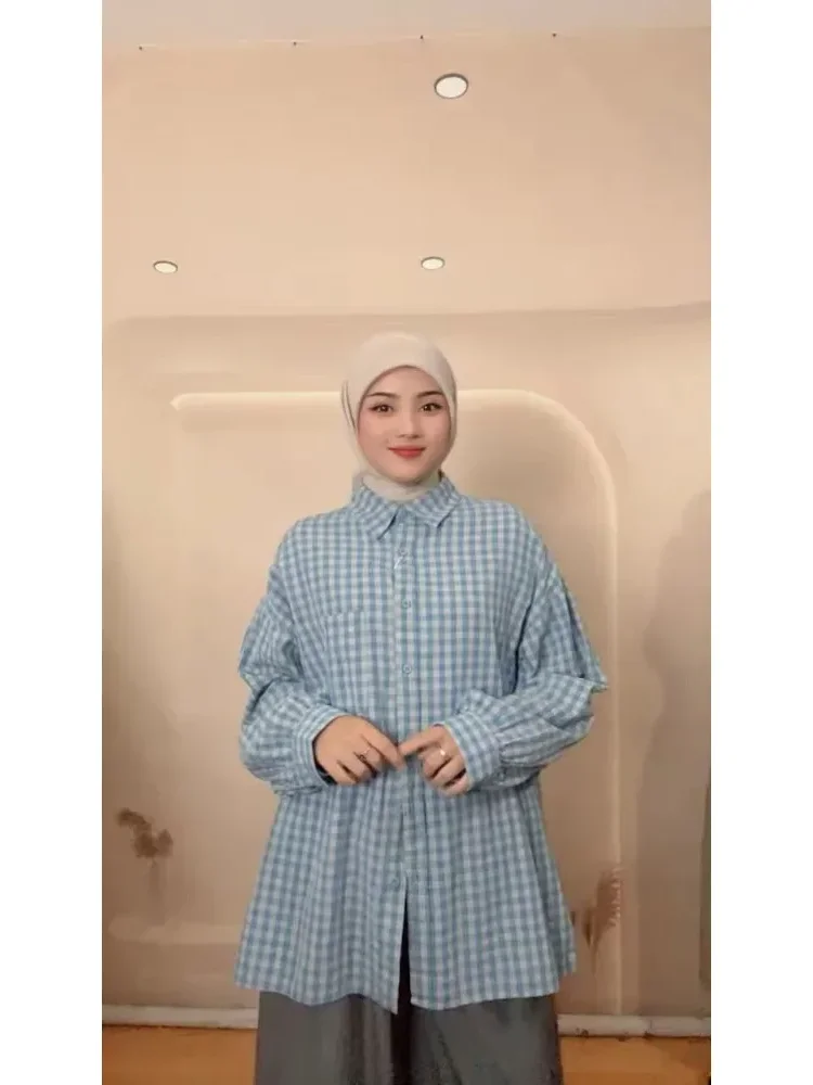 [NEW]CHICMORE Atasan gaya manis kekinian lengan panjang longgar motif kotak-kotak untuk wanita