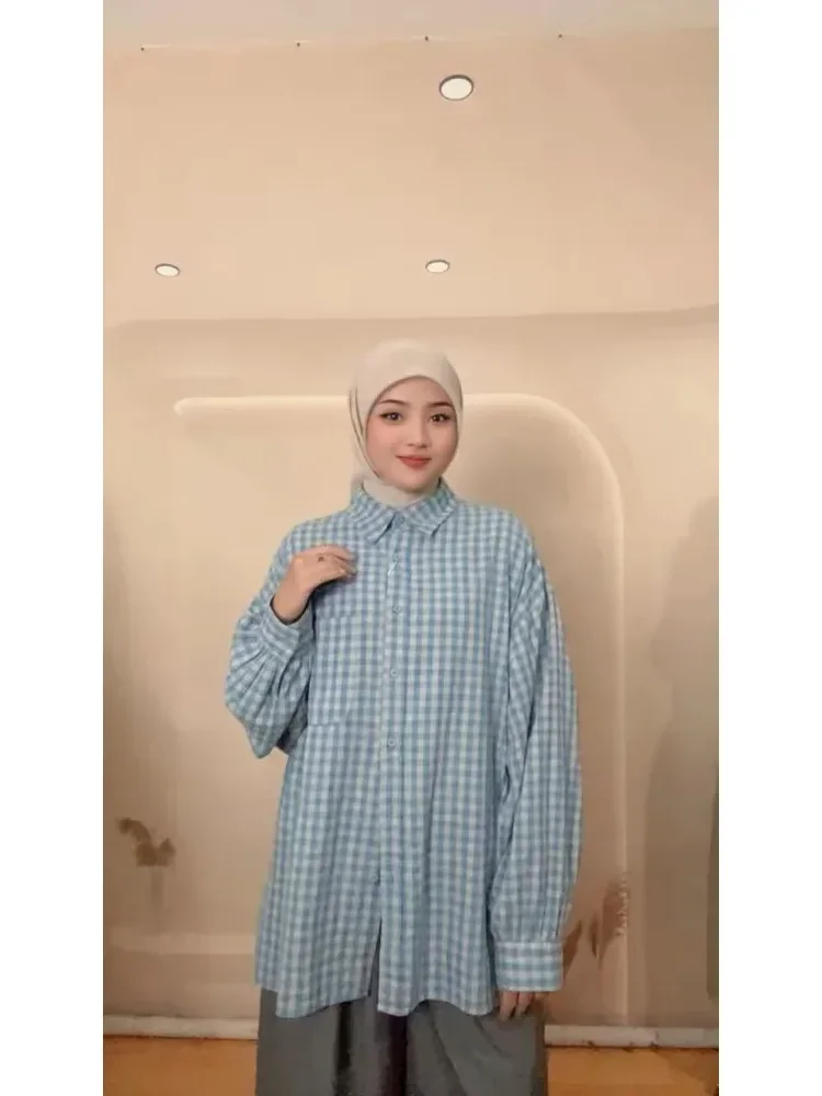 [NEW]CHICMORE Atasan gaya manis kekinian lengan panjang longgar motif kotak-kotak untuk wanita