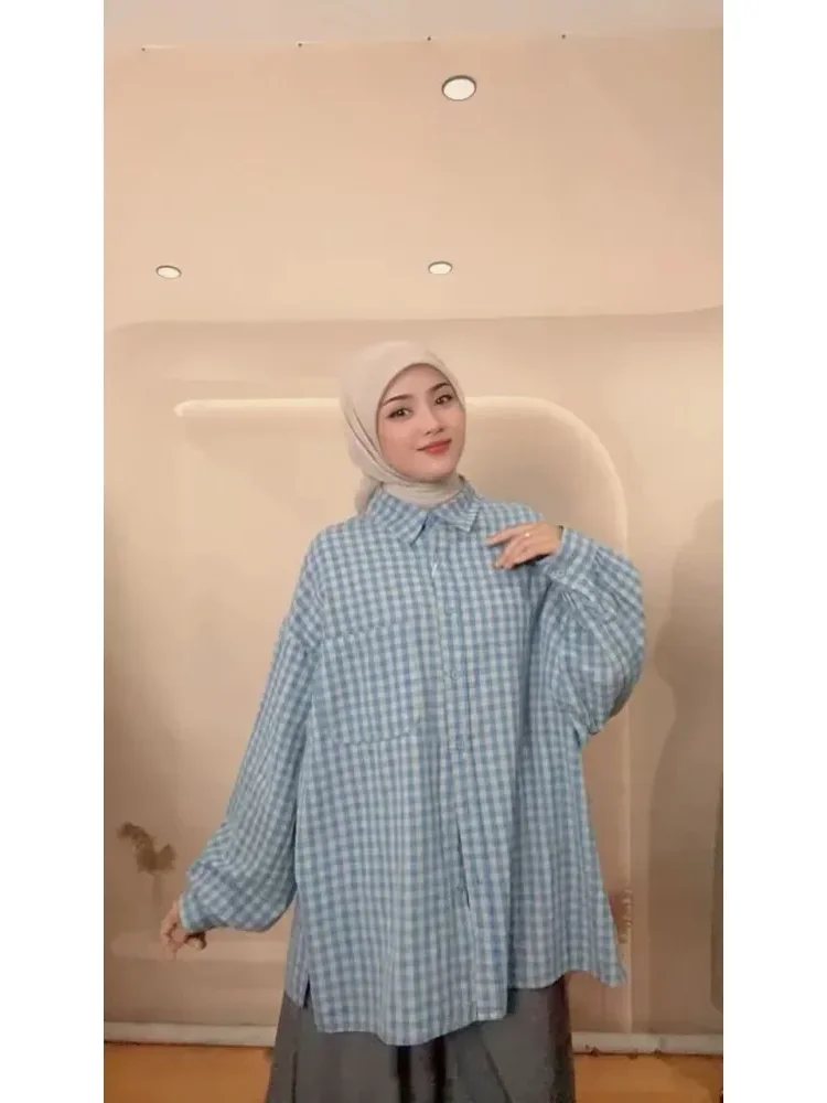 [NEW]CHICMORE Atasan gaya manis kekinian lengan panjang longgar motif kotak-kotak untuk wanita