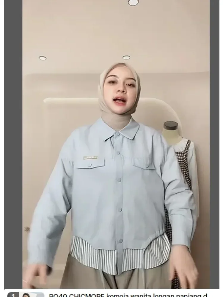 CHICMORE Kemeja wanita lengan panjang dengan kancing baris aktif motif kombinasi bergaris