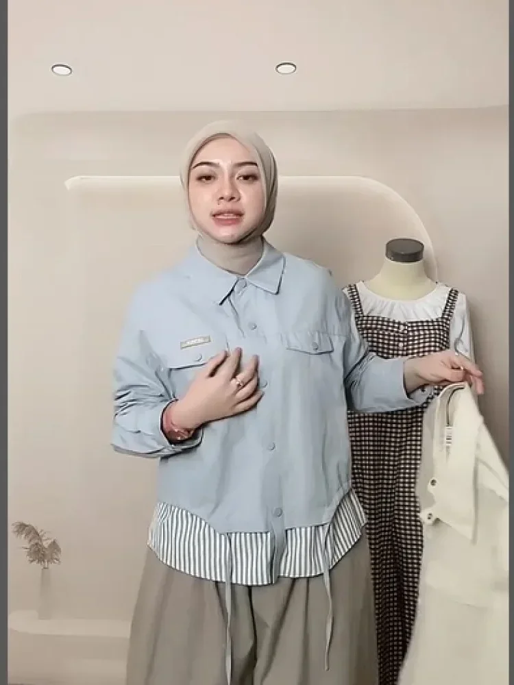 CHICMORE Kemeja wanita lengan panjang dengan kancing baris aktif motif kombinasi bergaris