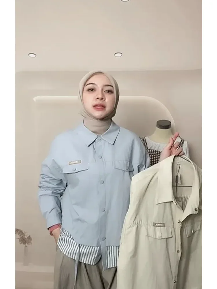 CHICMORE Kemeja wanita lengan panjang dengan kancing baris aktif motif kombinasi bergaris