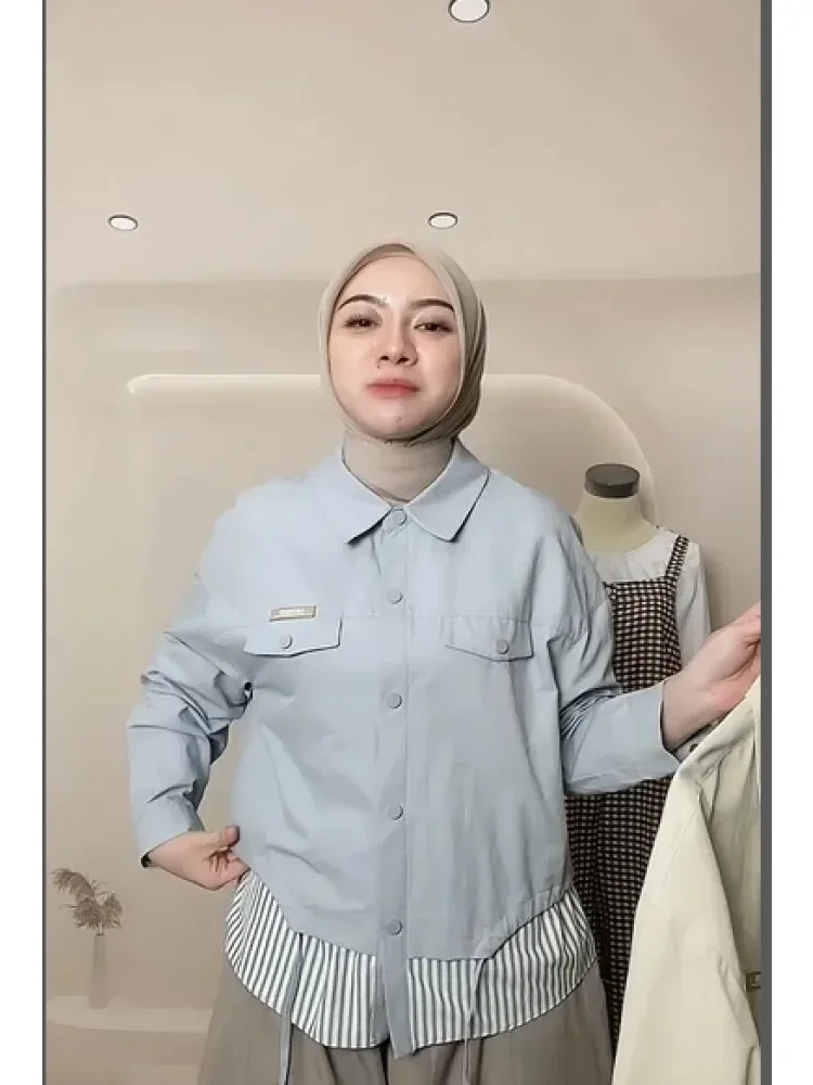CHICMORE Kemeja wanita lengan panjang dengan kancing baris aktif motif kombinasi bergaris