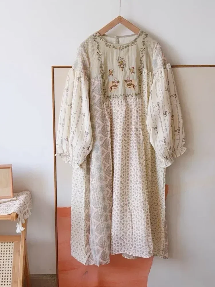 CHICMORE Gaun motif cetak baru wanita muda dengan kerah bulat dan lengan panjang gaya korean