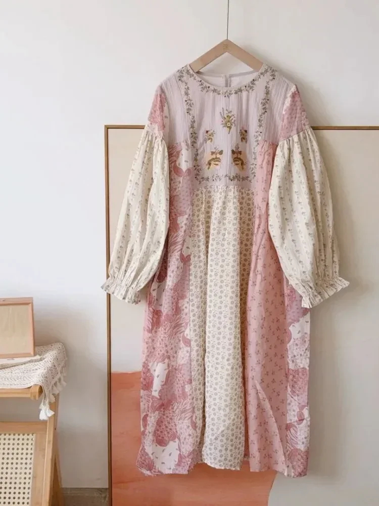 CHICMORE Gaun motif cetak baru wanita muda dengan kerah bulat dan lengan panjang gaya korean