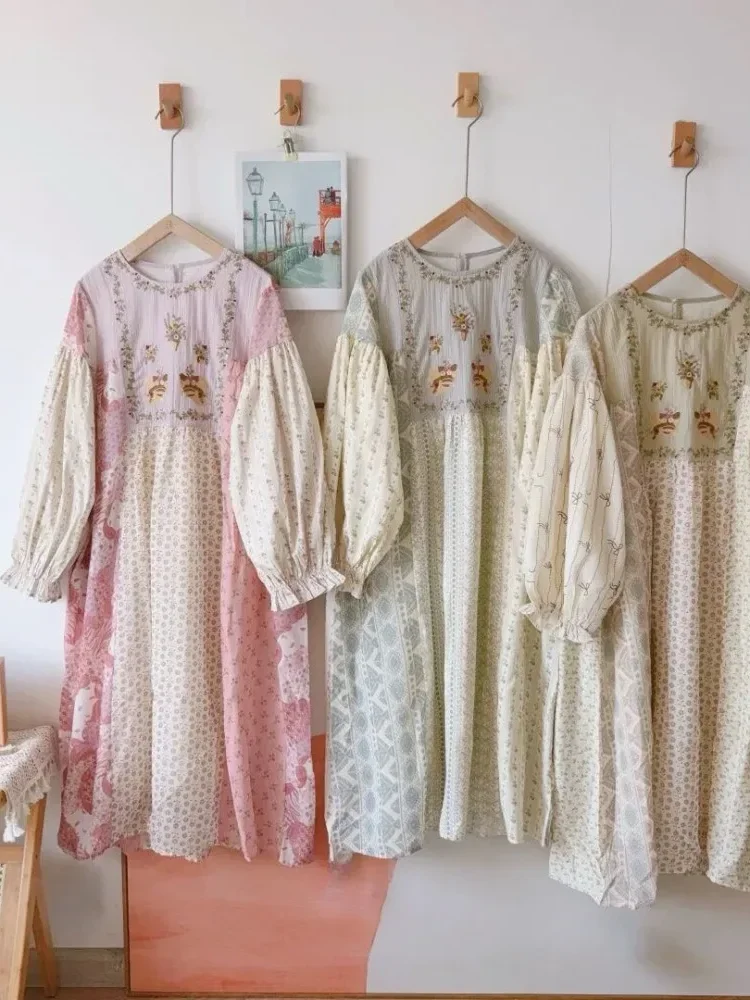CHICMORE Gaun motif cetak baru wanita muda dengan kerah bulat dan lengan panjang gaya korean
