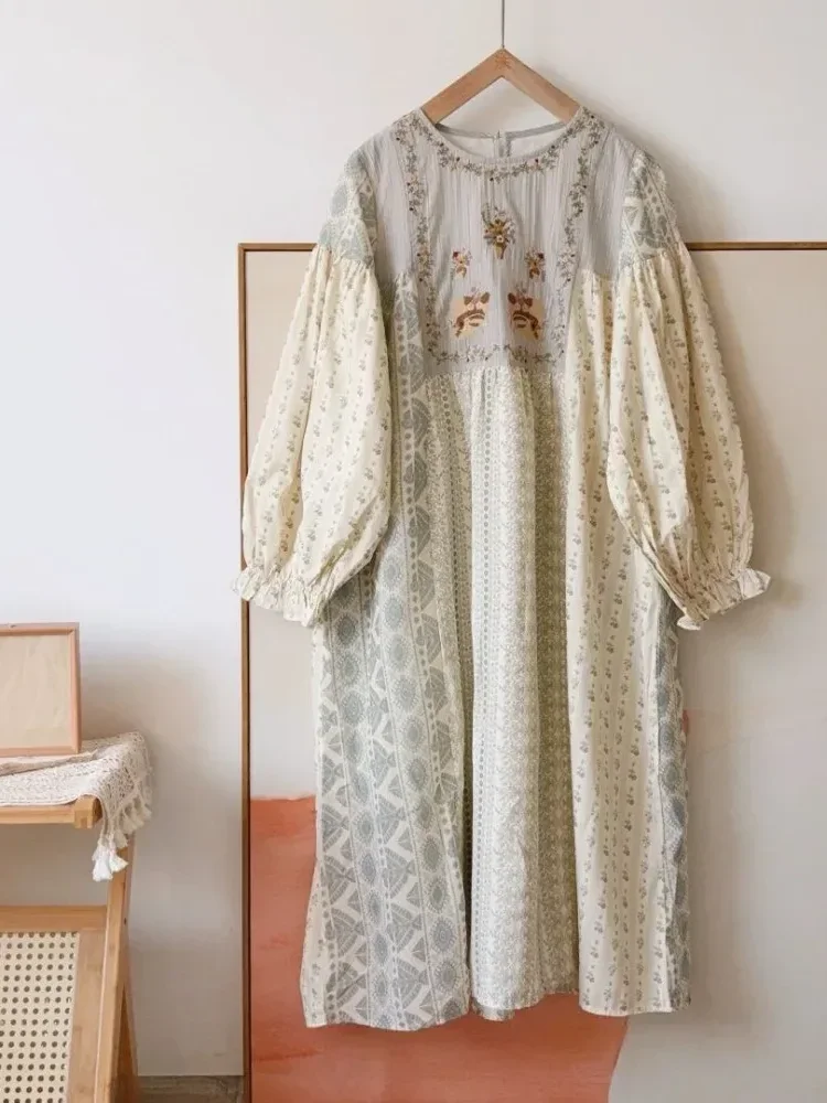 CHICMORE Gaun motif cetak baru wanita muda dengan kerah bulat dan lengan panjang gaya korean