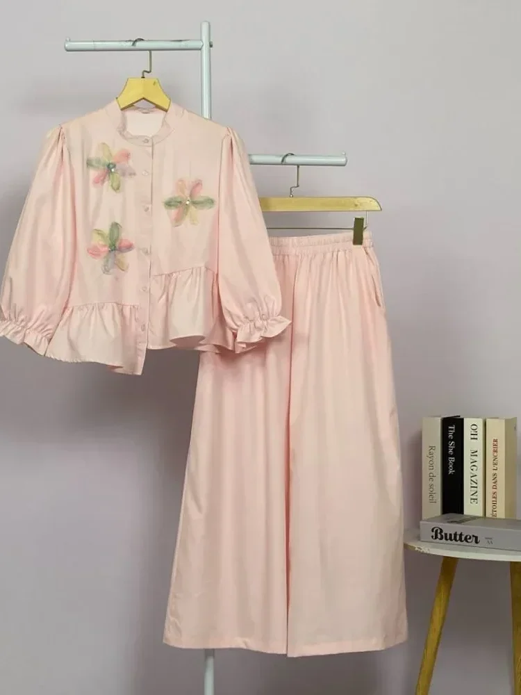 [DISKON KILAT]CHICMORE Set baju lengan panjang baru, kemeja dengan hiasan bunga renda warna solid, dipadukan dengan celana panjang longgar