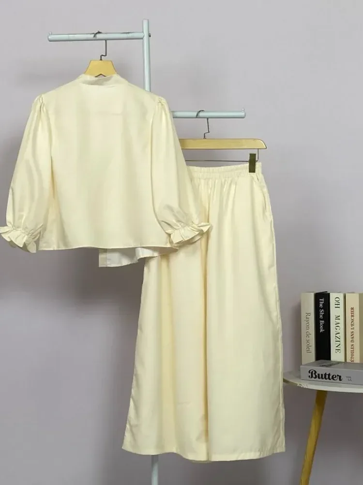 [DISKON KILAT]CHICMORE Set baju lengan panjang baru, kemeja dengan hiasan bunga renda warna solid, dipadukan dengan celana panjang longgar