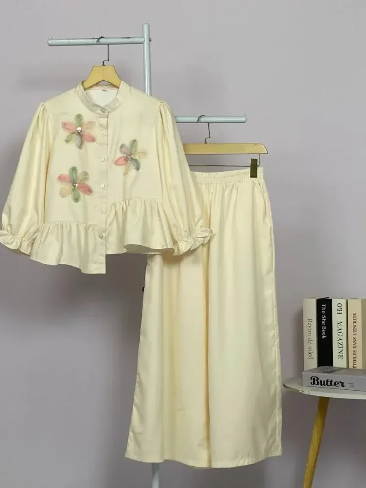[DISKON KILAT]CHICMORE Set baju lengan panjang baru, kemeja dengan hiasan bunga renda warna solid, dipadukan dengan celana panjang longgar