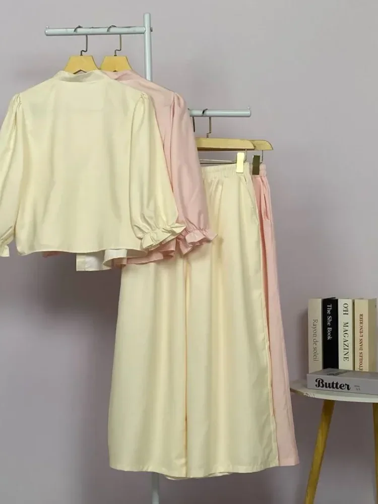 [DISKON KILAT]CHICMORE Set baju lengan panjang baru, kemeja dengan hiasan bunga renda warna solid, dipadukan dengan celana panjang longgar