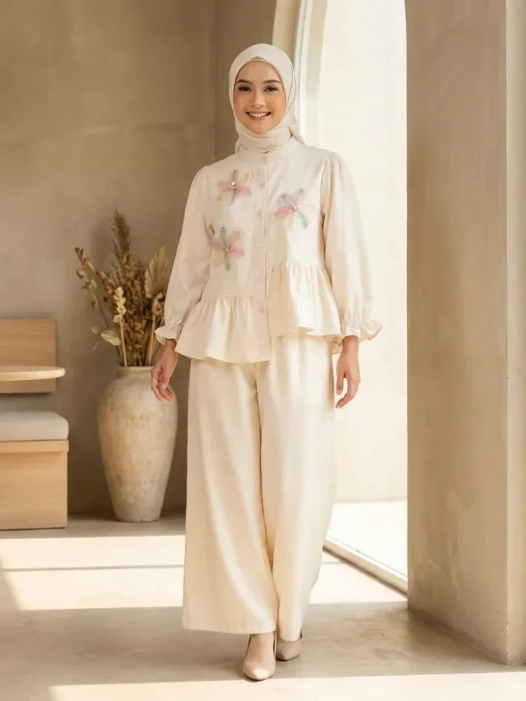 [DISKON KILAT]CHICMORE Set baju lengan panjang baru, kemeja dengan hiasan bunga renda warna solid, dipadukan dengan celana panjang longgar