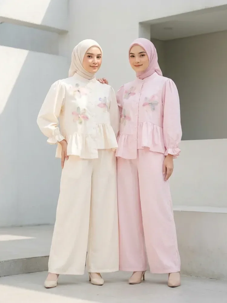[DISKON KILAT]CHICMORE Set baju lengan panjang baru, kemeja dengan hiasan bunga renda warna solid, dipadukan dengan celana panjang longgar