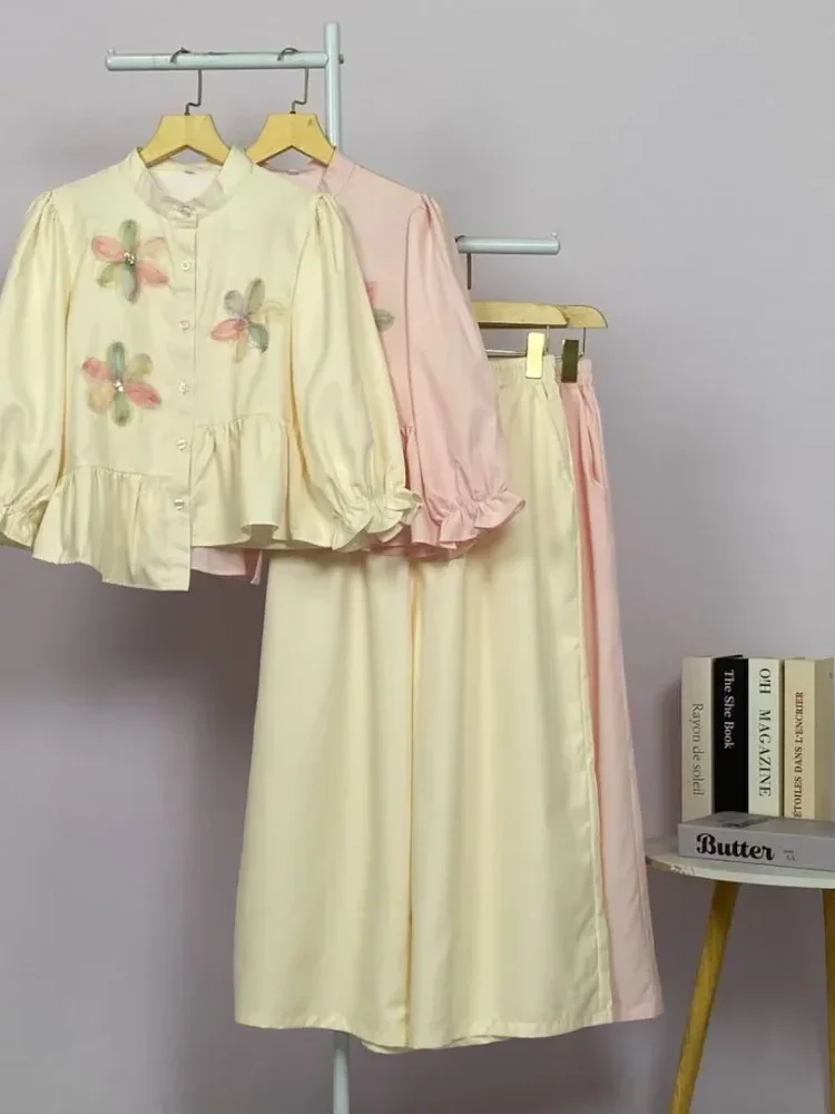[DISKON KILAT]CHICMORE Set baju lengan panjang baru, kemeja dengan hiasan bunga renda warna solid, dipadukan dengan celana panjang longgar