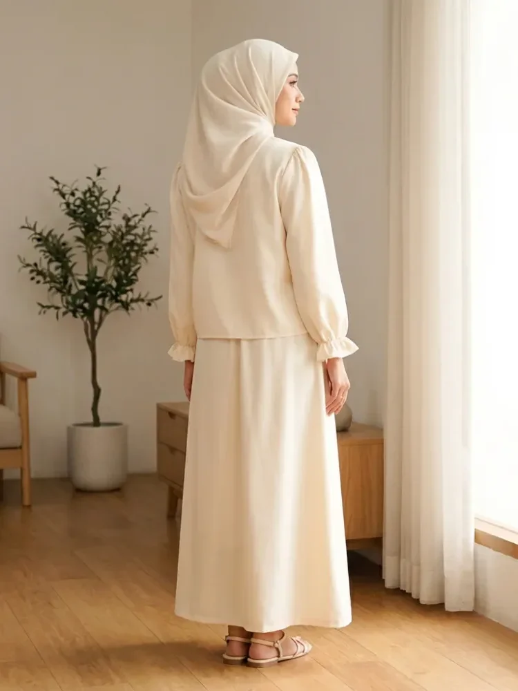 [DISKON KILAT]CHICMORE Set baju lengan panjang baru, kemeja dengan hiasan bunga renda warna solid, dipadukan dengan celana panjang longgar