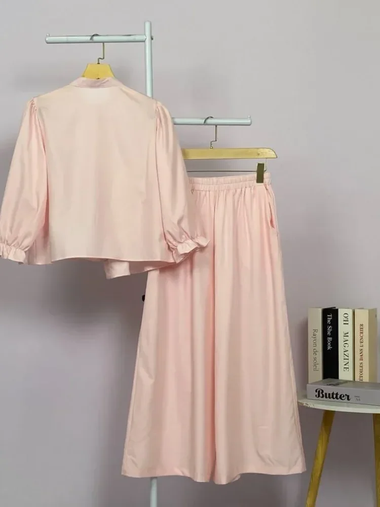 [DISKON KILAT]CHICMORE Set baju lengan panjang baru, kemeja dengan hiasan bunga renda warna solid, dipadukan dengan celana panjang longgar