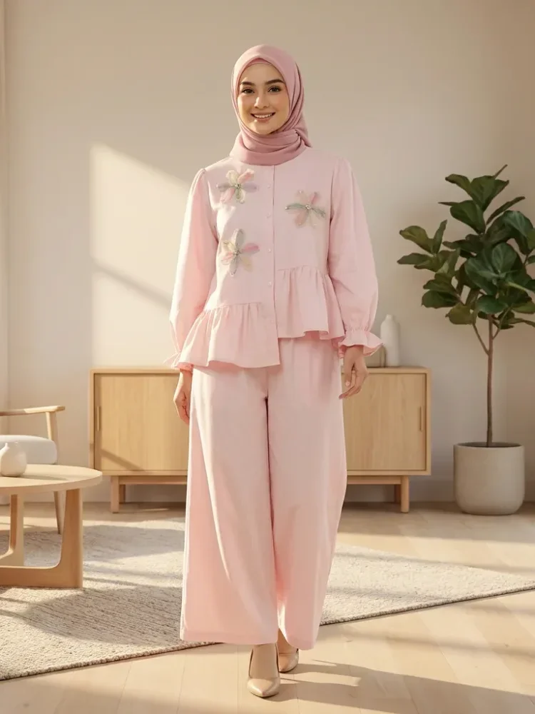 [DISKON KILAT]CHICMORE Set baju lengan panjang baru, kemeja dengan hiasan bunga renda warna solid, dipadukan dengan celana panjang longgar