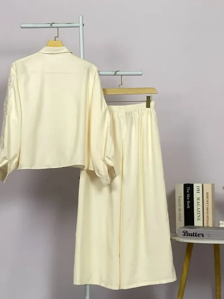 CHICMORE Set baju lengan panjang baru, kemeja dengan hiasan renda sulaman warna solid, dipadukan dengan celana panjang longgar