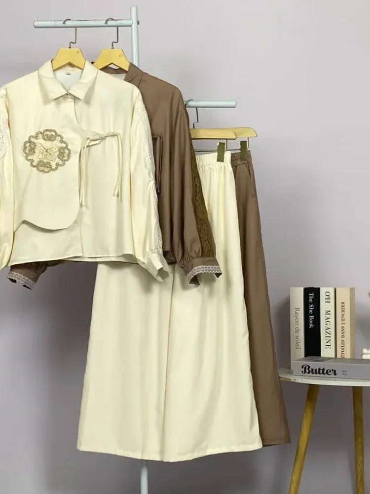 CHICMORE Set baju lengan panjang baru, kemeja dengan hiasan renda sulaman warna solid, dipadukan dengan celana panjang longgar