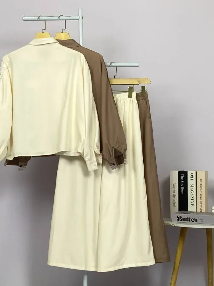 CHICMORE Set baju lengan panjang baru, kemeja dengan hiasan renda sulaman warna solid, dipadukan dengan celana panjang longgar