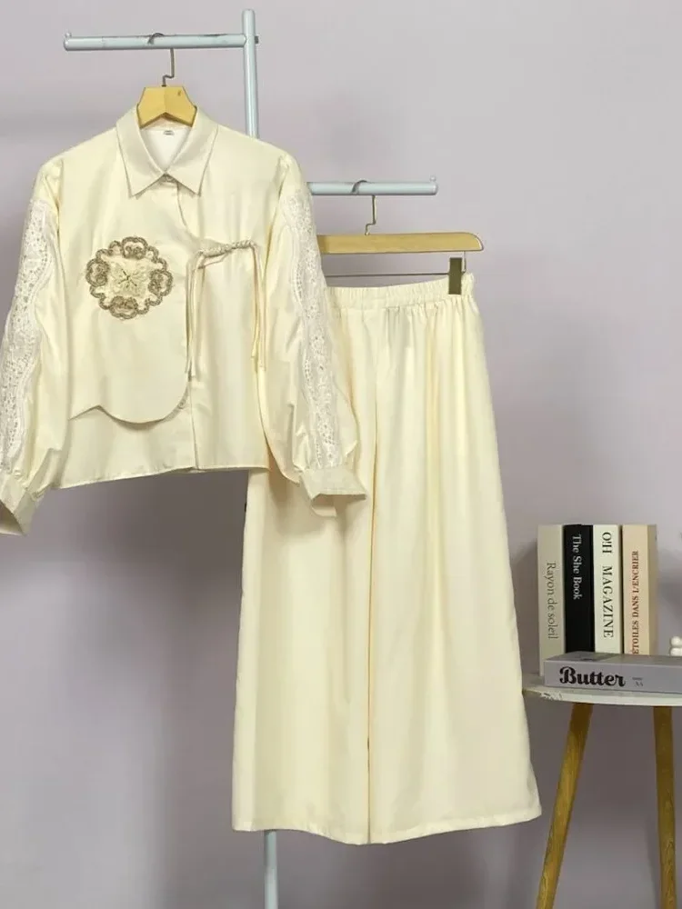 CHICMORE Set baju lengan panjang baru, kemeja dengan hiasan renda sulaman warna solid, dipadukan dengan celana panjang longgar