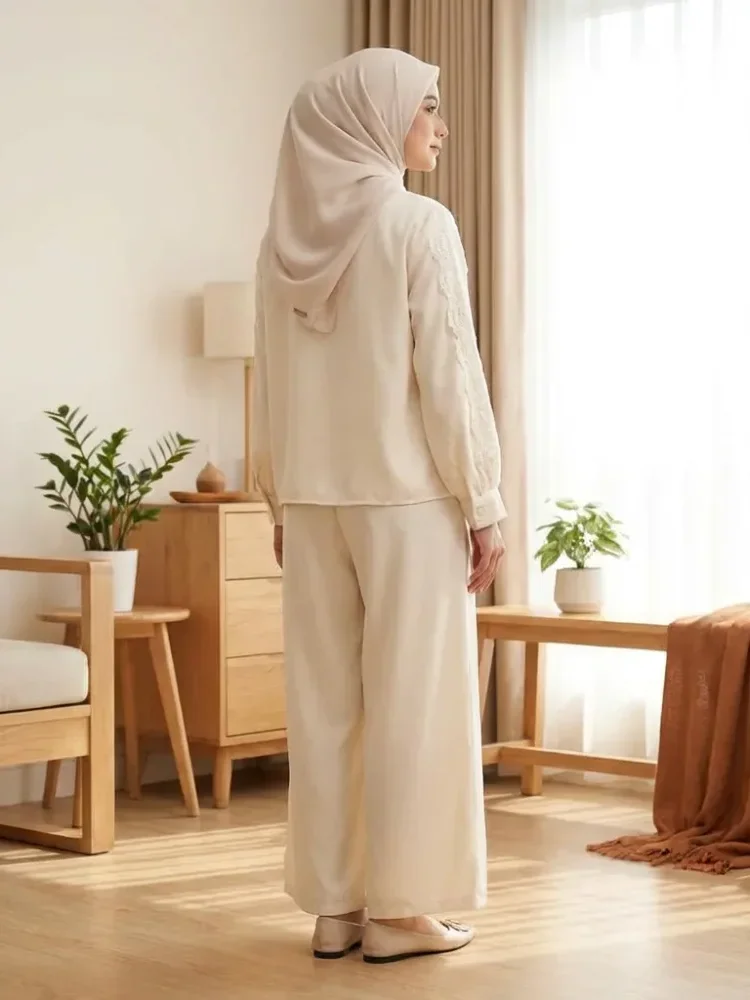 CHICMORE Set baju lengan panjang baru, kemeja dengan hiasan renda sulaman warna solid, dipadukan dengan celana panjang longgar