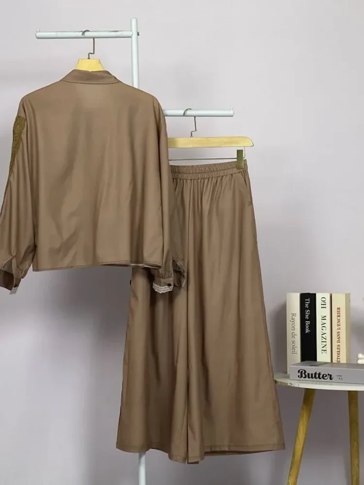 CHICMORE Set baju lengan panjang baru, kemeja dengan hiasan renda sulaman warna solid, dipadukan dengan celana panjang longgar