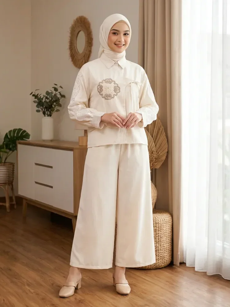 CHICMORE Set baju lengan panjang baru, kemeja dengan hiasan renda sulaman warna solid, dipadukan dengan celana panjang longgar