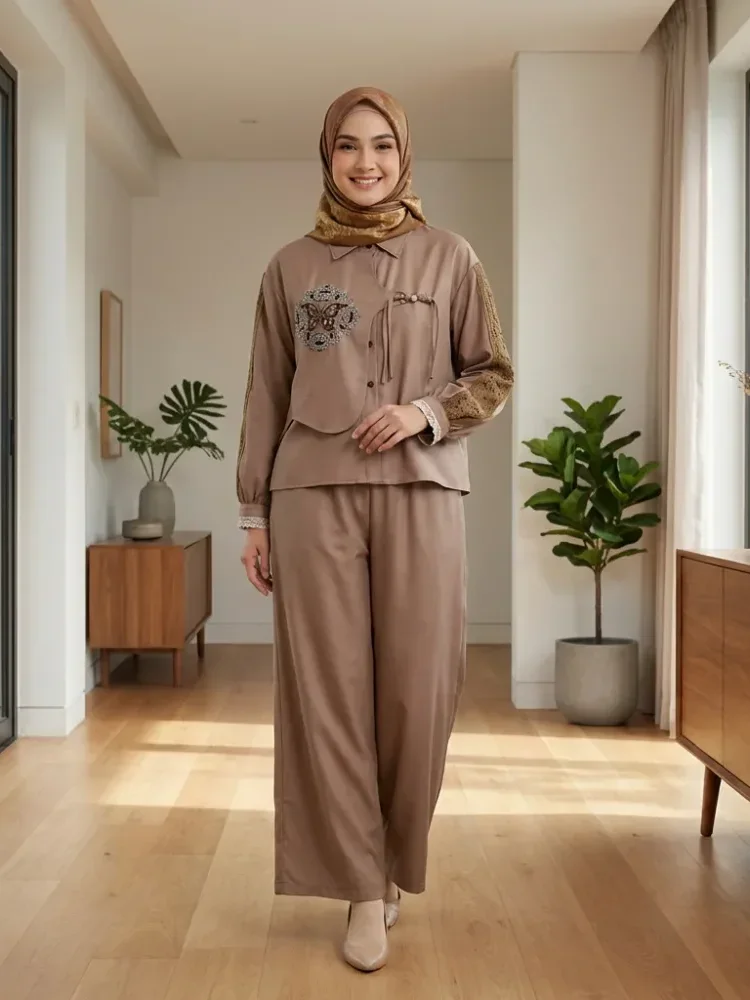 CHICMORE Set baju lengan panjang baru, kemeja dengan hiasan renda sulaman warna solid, dipadukan dengan celana panjang longgar