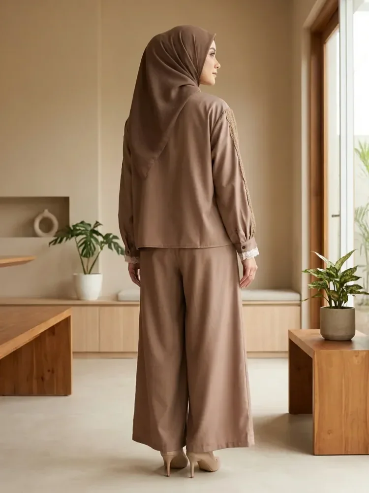 CHICMORE Set baju lengan panjang baru, kemeja dengan hiasan renda sulaman warna solid, dipadukan dengan celana panjang longgar