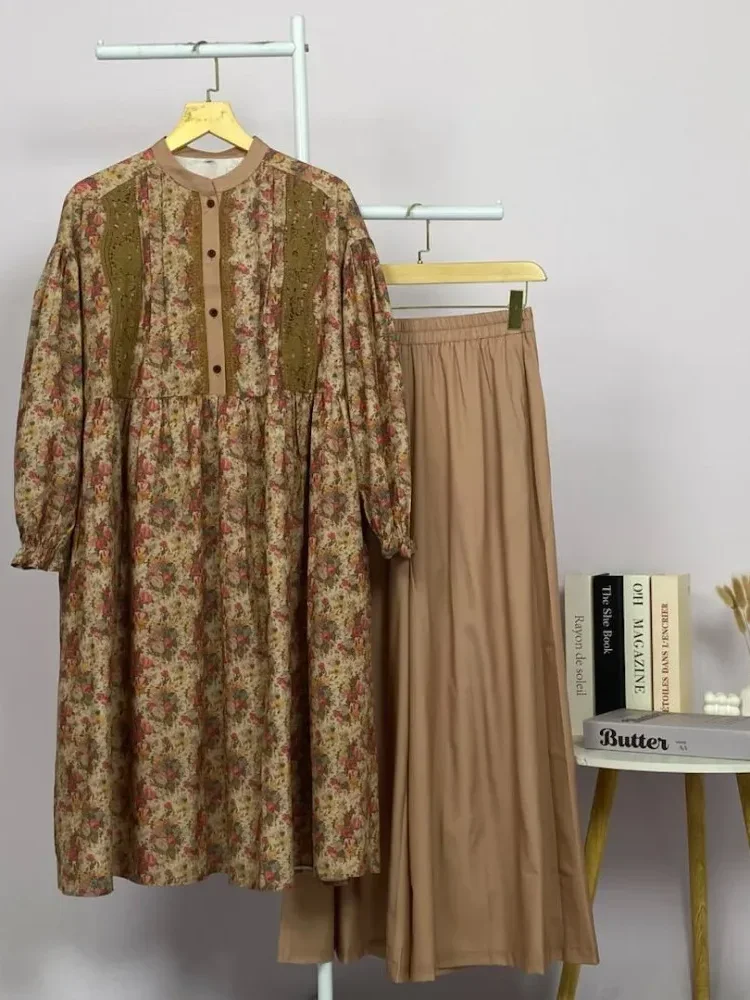 [DISKON KILAT]CHICMORE Set baju lengan panjang baru, dipadukan dengan kemeja motif bunga, dilengkapi dengan celana panjang, kemeja panjang memiliki hiasan renda