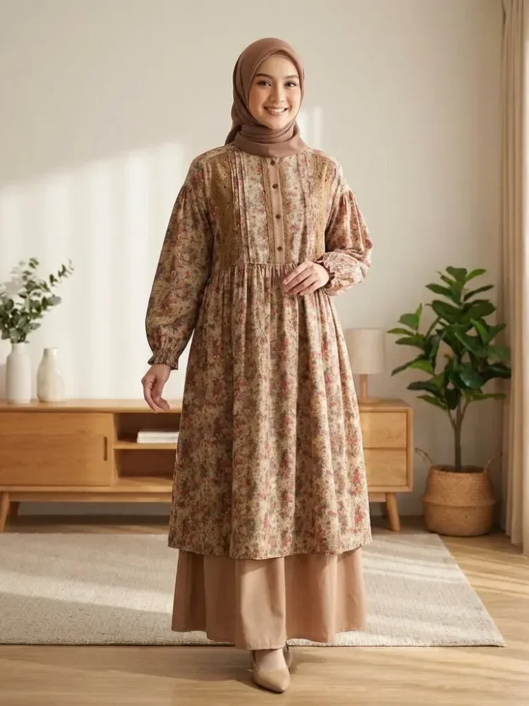 [DISKON KILAT]CHICMORE Set baju lengan panjang baru, dipadukan dengan kemeja motif bunga, dilengkapi dengan celana panjang, kemeja panjang memiliki hiasan renda