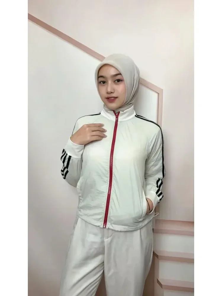 [NEW]CHICMORE Atasan jaket lengan panjang longgar model warna kontras dengan risleting depan
