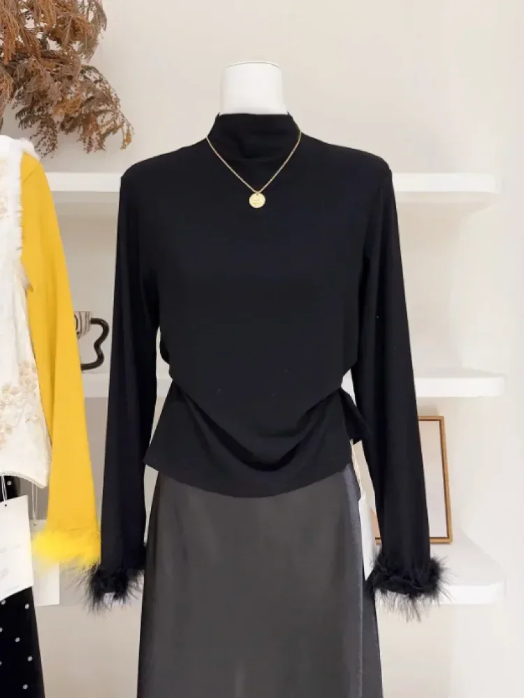 [NEW]CHICMORE Atasan lengan panjang berkerah tinggi hitam bergaya feminin modis dengan lengan berbulu untuk wanita