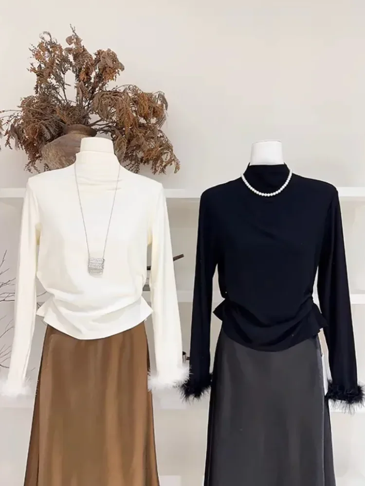 [NEW]CHICMORE Atasan lengan panjang berkerah tinggi hitam bergaya feminin modis dengan lengan berbulu untuk wanita