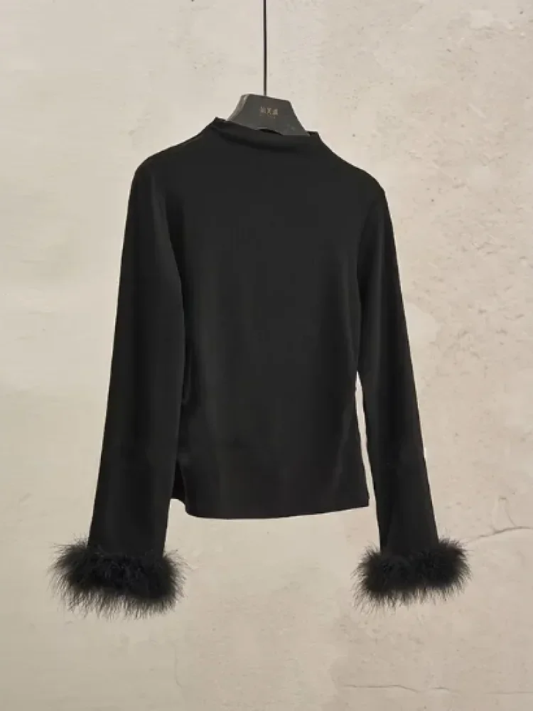 [NEW]CHICMORE Atasan lengan panjang berkerah tinggi hitam bergaya feminin modis dengan lengan berbulu untuk wanita