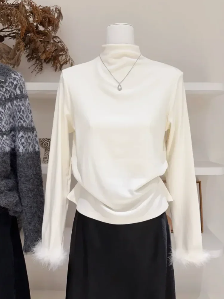 [NEW]CHICMORE Atasan lengan panjang berkerah tinggi hitam bergaya feminin modis dengan lengan berbulu untuk wanita