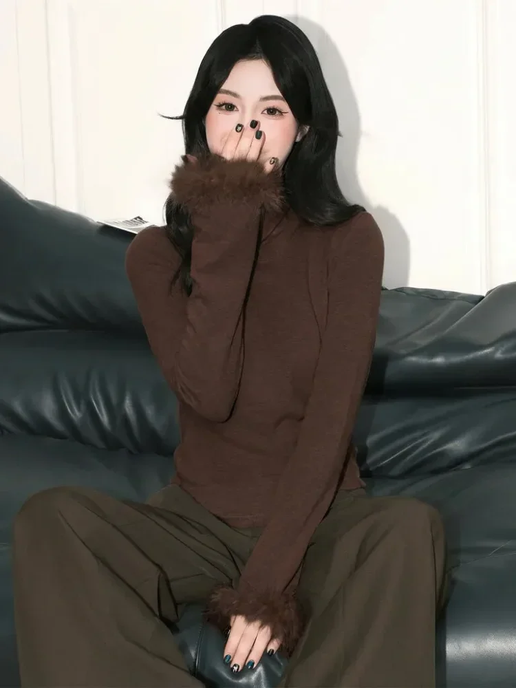 [NEW]CHICMORE Atasan lengan panjang berkerah tinggi hitam bergaya feminin modis dengan lengan berbulu untuk wanita