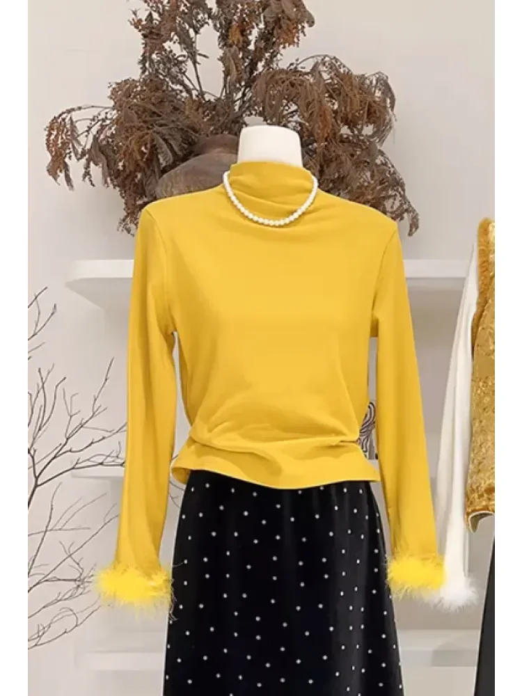 [NEW]CHICMORE Atasan lengan panjang berkerah tinggi hitam bergaya feminin modis dengan lengan berbulu untuk wanita