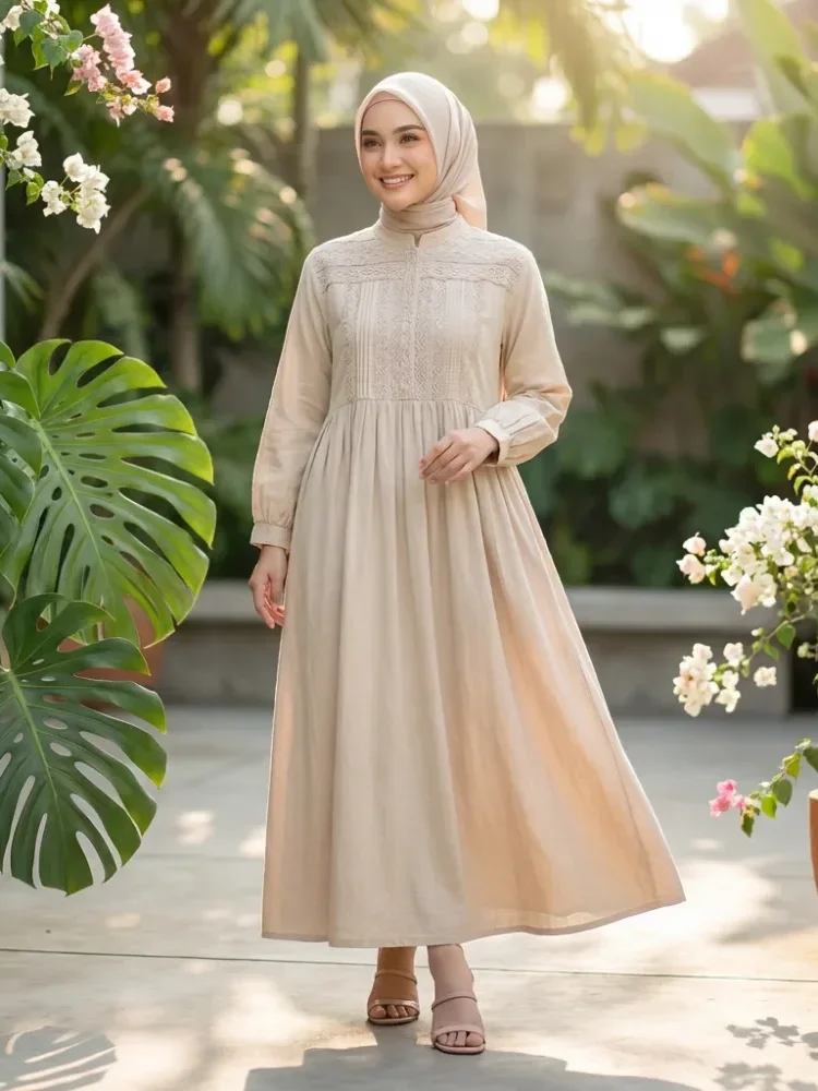 CHICMORE Gaun gaya baru berlengan panjang dengan kerah bulat manis model lipit kekinian