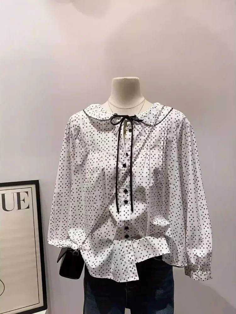 CHICMORE Atasan gaya kasual lengan panjang longgar desain motif polkadot