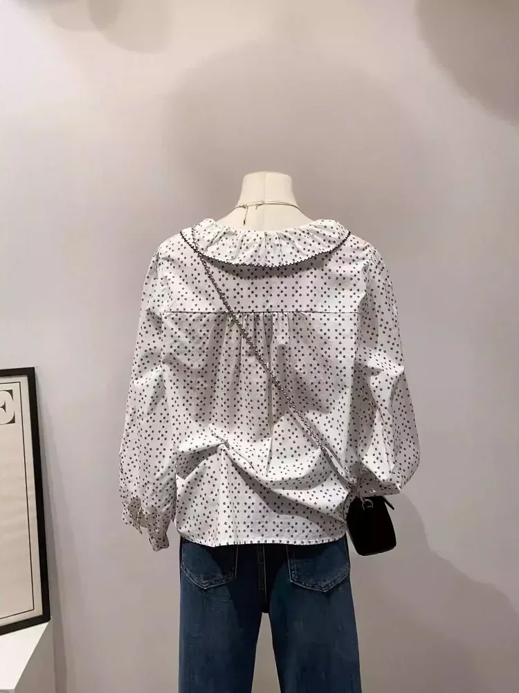 CHICMORE Atasan gaya kasual lengan panjang longgar desain motif polkadot