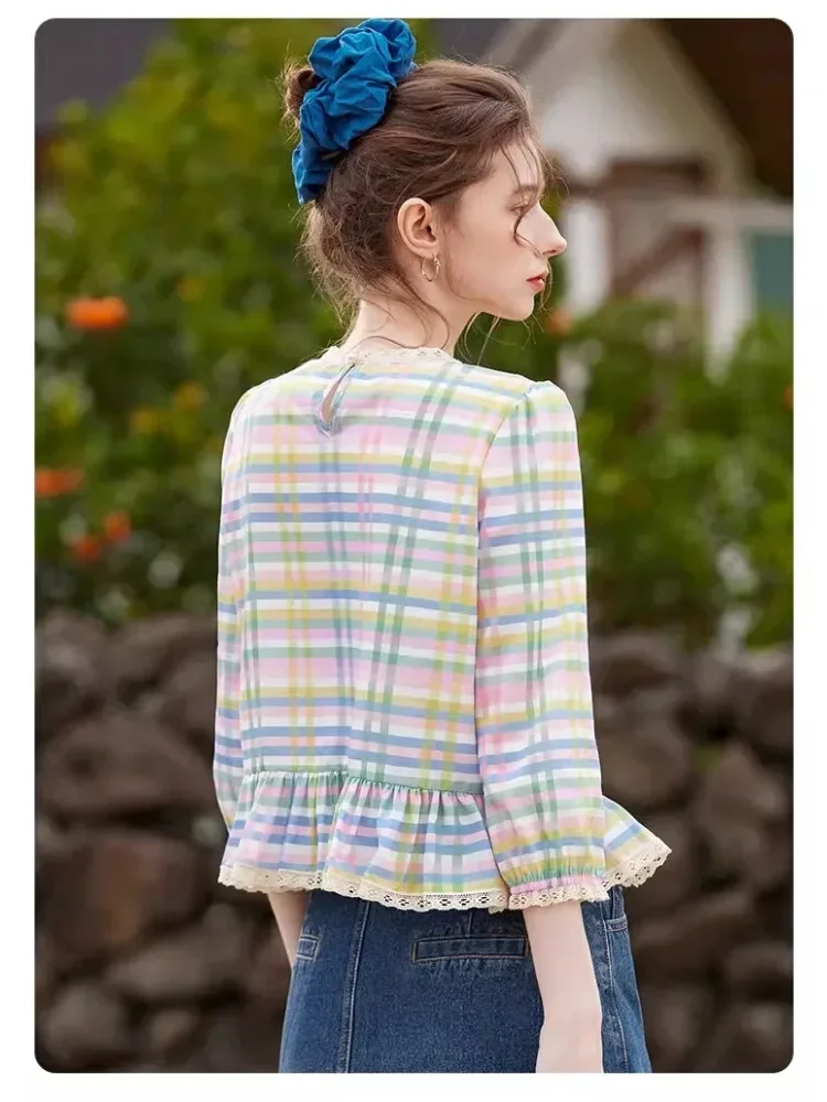 CHICMORE Atasan kemeja kotak-kotak longgar bergaya retro cantik untuk wanita