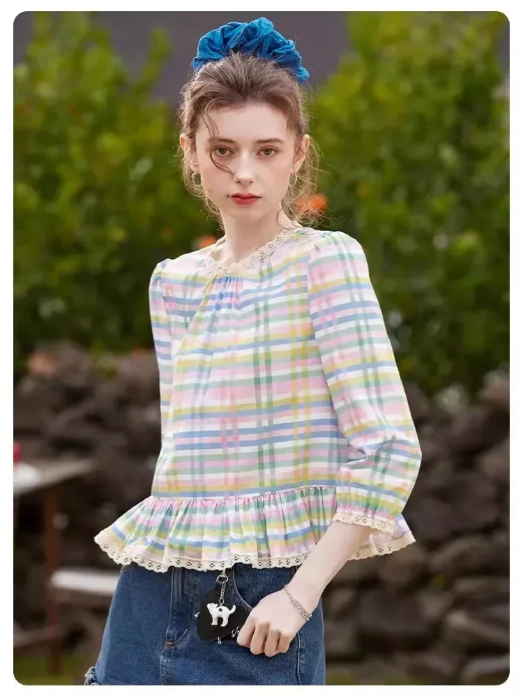 CHICMORE Atasan kemeja kotak-kotak longgar bergaya retro cantik untuk wanita